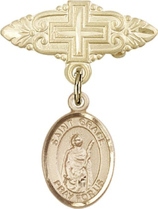 14kt Gold Badge Pin With Cross St. Grace Baby Badge - Engravable