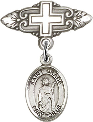 Sterling Silver Badge Pin With Cross St. Grace Baby Badge - Engravable