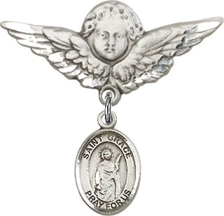 Sterling Silver Large Angel w/Wings St. Grace Baby Badge - Engravable