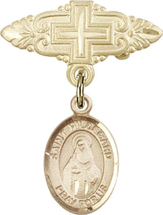 14kt Gold Filled Badge Pin With Cross St. Hildegard von Bingen Baby Badge - Engravable