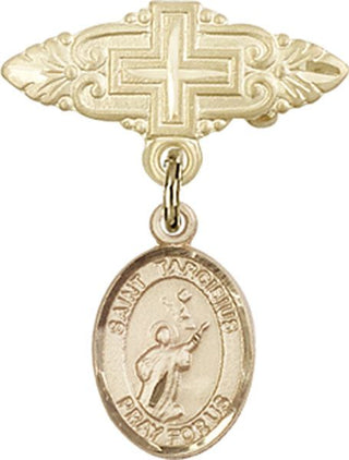 14kt Gold Badge Pin With Cross St. Tarcisius Baby Badge - Engravable
