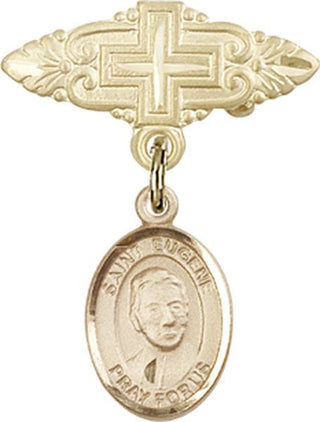 14kt Gold Badge Pin With Cross St. Eugene de Mazenod Baby Badge - Engravable