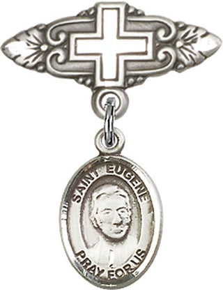 Sterling Silver Badge Pin With Cross St. Eugene de Mazenod Baby Badge - Engravable
