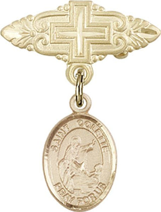 14kt Gold Badge Pin With Cross St. Colette Baby Badge - Engravable