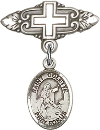 Sterling Silver Badge Pin With Cross St. Colette Baby Badge - Engravable