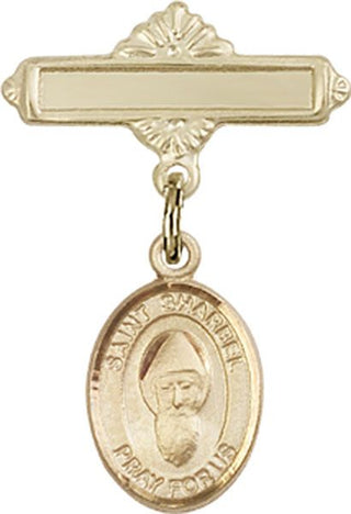14kt Gold Polished Badge Pin St. Sharbel Baby Badge - Engravable
