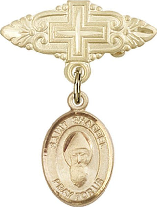 14kt Gold Badge Pin With Cross St. Sharbel Baby Badge - Engravable