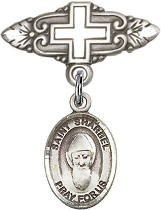 Sterling Silver Badge Pin With Cross St. Sharbel Baby Badge - Engravable
