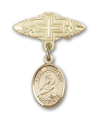 14kt Gold Badge Pin With Cross St. Perpetua Baby Badge - Engravable