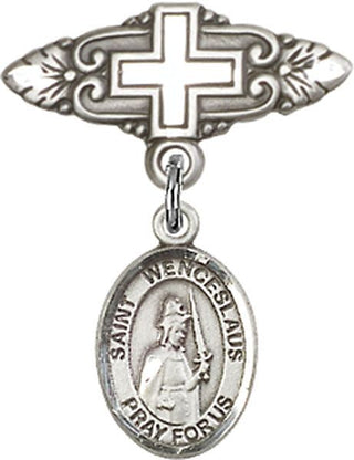 Sterling Silver Badge Pin With Cross St. Wenceslaus Baby Badge - Engravable