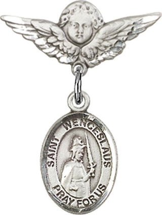 Sterling Silver Small Angel w/Wings St. Wenceslaus Baby Badge - Engravable