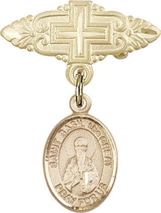 14kt Gold Badge Pin With Cross St. Basil the Great Baby Badge - Engravable