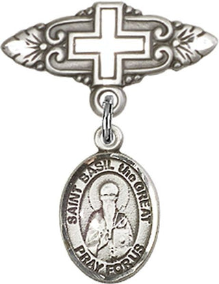 Sterling Silver Badge Pin With Cross St. Basil the Great Baby Badge - Engravable