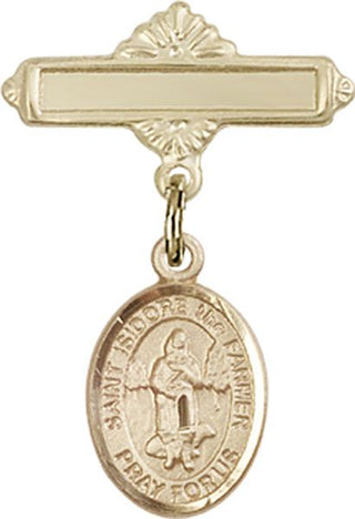 14kt Gold Polished Badge Pin St. Isidore the Farmer Baby Badge - Engravable