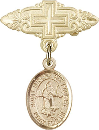 14kt Gold Badge Pin With Cross St. Isidore the Farmer Baby Badge - Engravable