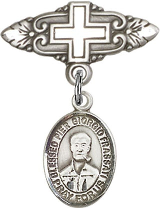 Sterling Silver Badge Pin With Cross Saint Pier Giorgio Frassati Baby Badge - Engravable