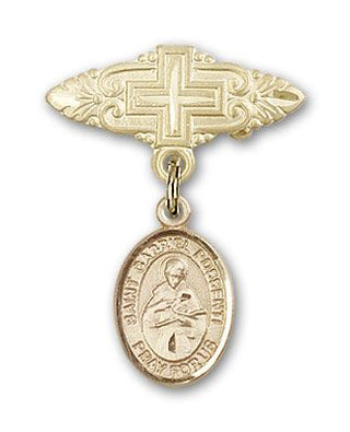 14kt Gold Badge Pin With Cross St. Gabriel Possenti Baby Badge - Engravable