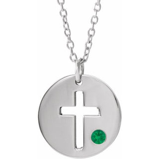 14K White Natural Emerald Pierced Cross Disc 16-18" Necklace