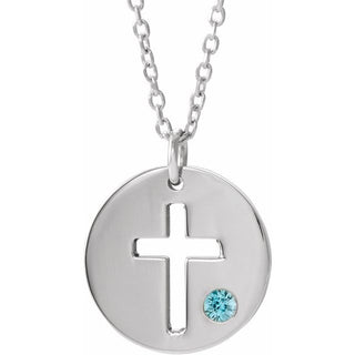 Sterling Silver Imitation Blue Zircon Pierced Cross Disc 16-18" Necklace 