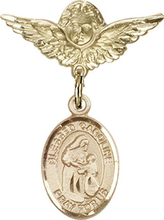 14kt Gold Small Angel w/Wings Blessed Caroline Gerhardinger Baby Badge - Engravable