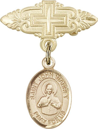 14kt Gold Badge Pin With Cross St. John Vianney Baby Badge - Engravable