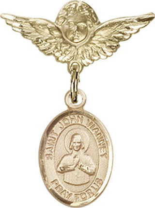 14kt Gold Small Angel w/Wings St. John Vianney Baby Badge - Engravable