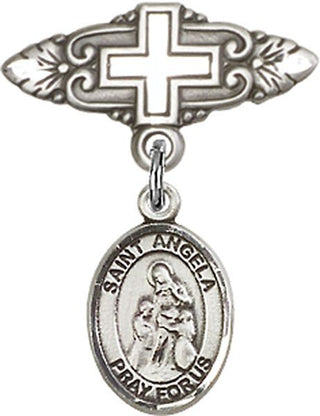 Sterling Silver Badge Pin With Cross St. Angela Merici Baby Badge - Engravable