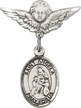Sterling Silver Small Angel w/Wings St. Angela Merici Baby Badge - Engravable