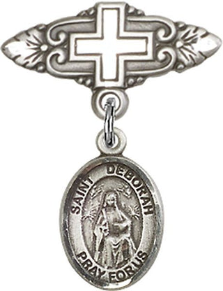 Sterling Silver Badge Pin With Cross St. Deborah Baby Badge - Engravable