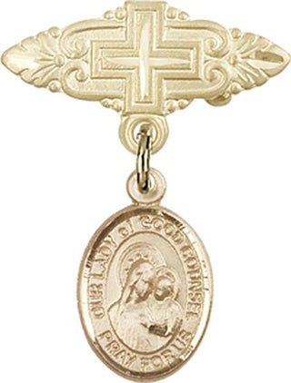 14kt Gold Filled Badge Pin With Cross O/L of Good Counsel Baby Badge - Engravable