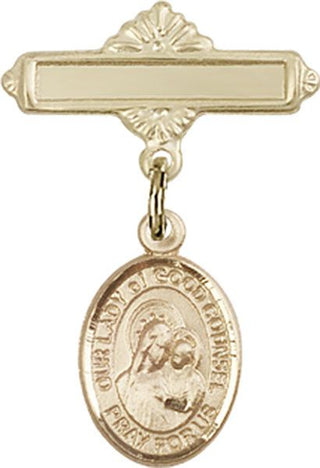 14kt Gold Polished Badge Pin O/L of Good Counsel Baby Badge - Engravable