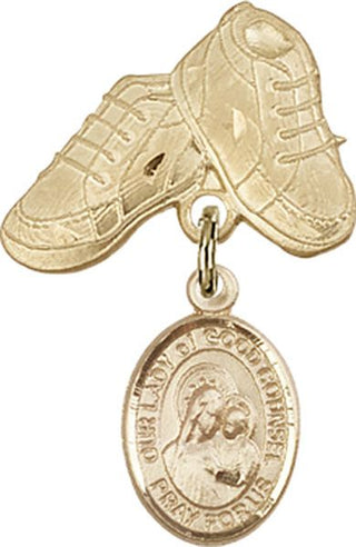 14kt Gold Baby Boots O/L of Good Counsel Baby Badge - Engravable