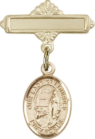 14kt Gold Filled Polished Badge Pin O/L of Lourdes Baby Badge - Engravable