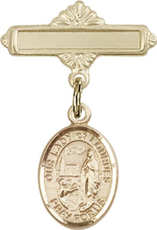 14kt Gold Polished Badge Pin O/L of Lourdes Baby Badge - Engravable