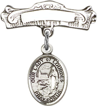 Sterling Silver Badge Pin O/L of Lourdes Baby Badge - Engravable