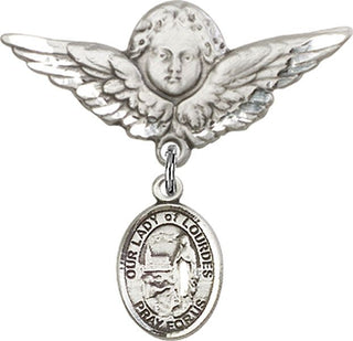 Sterling Silver Large Angel w/Wings O/L of Lourdes Baby Badge - Engravable