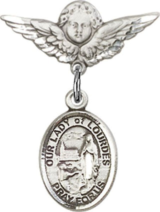 Sterling Silver Small Angel w/Wings O/L of Lourdes Baby Badge - Engravable