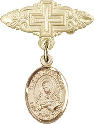 14kt Gold Badge Pin With Cross Mater Dolorosa Baby Badge - Engravable