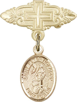 14kt Gold Badge Pin With Cross St. Peter Nolasco Baby Badge - Engravable