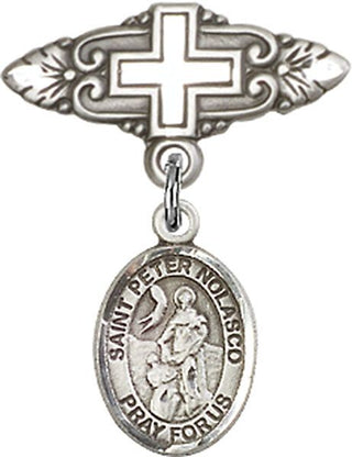 Sterling Silver Badge Pin With Cross St. Peter Nolasco Baby Badge - Engravable