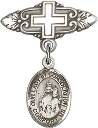 Sterling Silver Badge Pin With Cross O/L of Consolation Baby Badge - Engravable