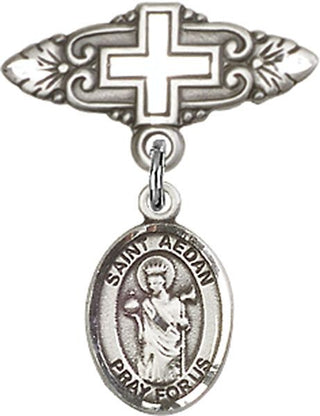 Sterling Silver Badge Pin With Cross St. Aedan of Ferns Baby Badge - Engravable