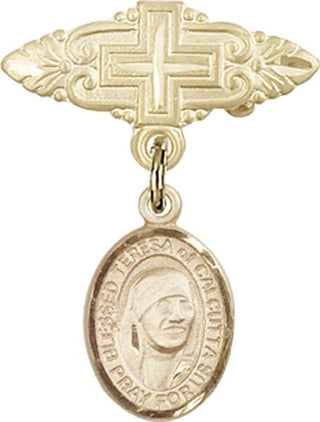 14kt Gold Badge Pin With Cross St. Teresa of Calcutta Baby Badge - Engravable