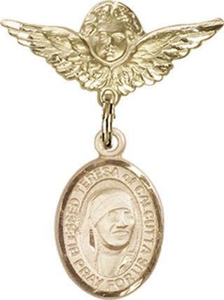 14kt Gold Small Angel w/Wings St. Teresa of Calcutta Baby Badge - Engravable