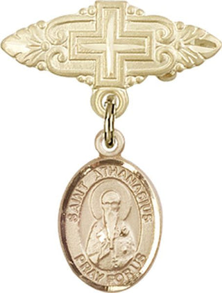 14kt Gold Filled Badge Pin With Cross St. Athanasius Baby Badge - Engravable