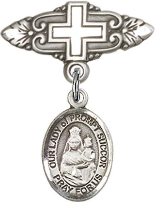 Sterling Silver Badge Pin With Cross O/L of Prompt Succor Baby Badge - Engravable