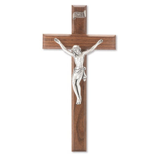 12" Walnut Crucifix With Silver Corpus CLONE