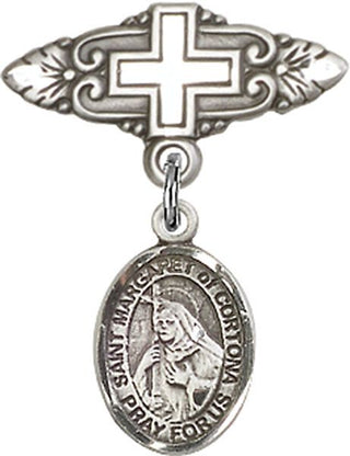 Sterling Silver Badge Pin With Cross St. Margaret of Cortona Baby Badge - Engravable