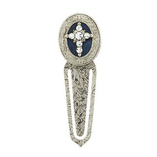 Silver-Tone Crystal Cross Blue Enamel Bookmark
