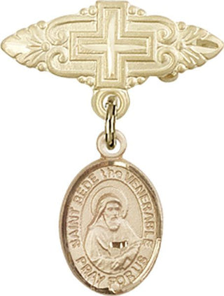14kt Gold Badge Pin With Cross St. Bede the Venerable Baby Badge - Engravable
